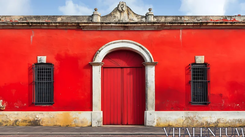 Historic Red Façade with Prominent Arch and Windows AI Image