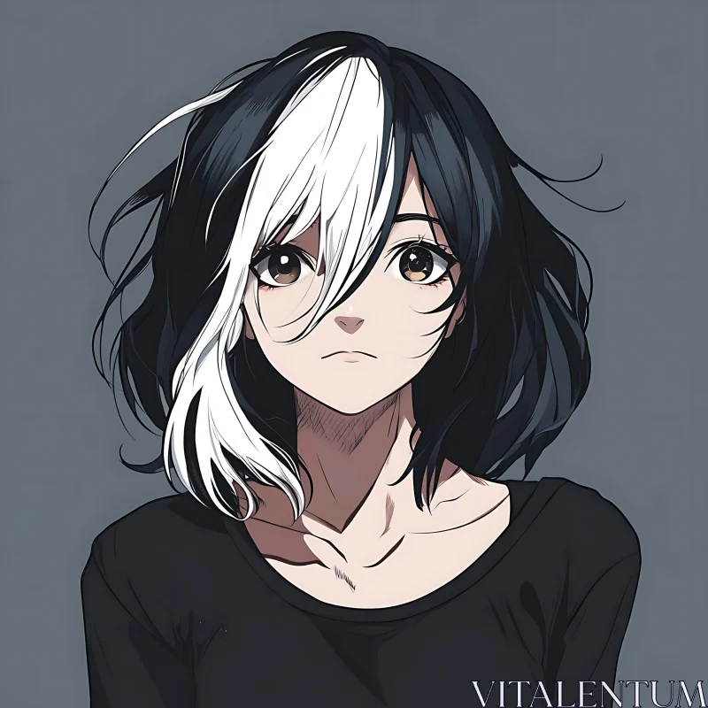 Expressive Anime Girl with Black and White Hair AI Image