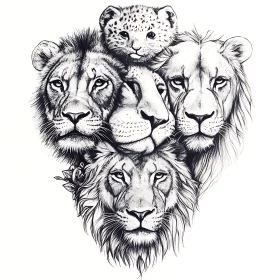 Monochrome Lion Family Portrait