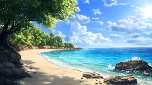 Tranquil Seascape: Beach with Green Tree