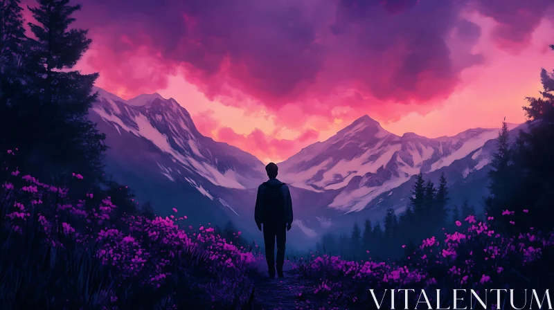 Man in nature landscape with sunset AI Image