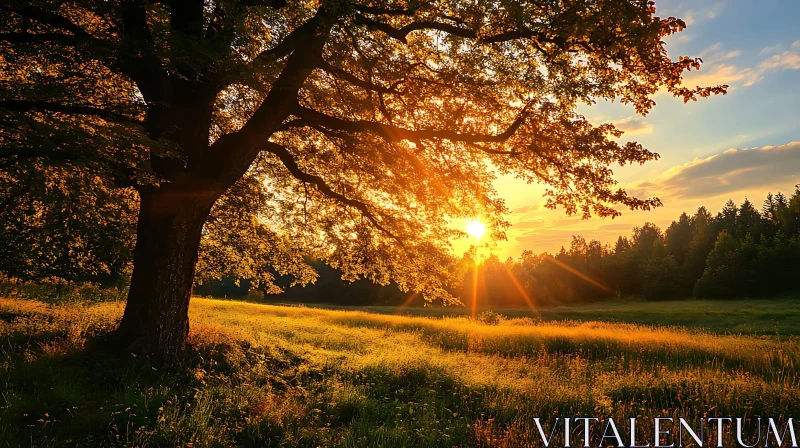 Sunlit Field and Tree AI Image