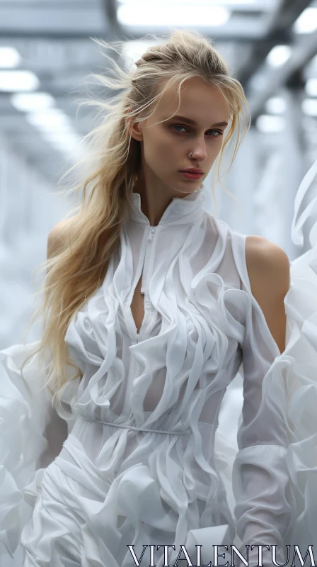 Elegant Woman in White Runway Dress: A Study in Flowing Forms AI Image