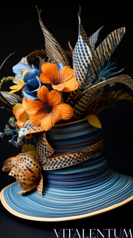 Exquisite Orange and Blue Flower Hat - Sculptural Arrangements AI Image