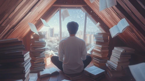 Man Meditating in Attic Surrounded by Books