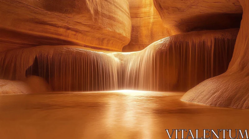 AI ART Golden Light on Waterfall Inside Canyon