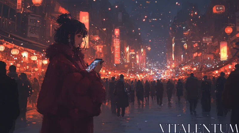 Bustling Night Street with Illuminated Lanterns AI Image