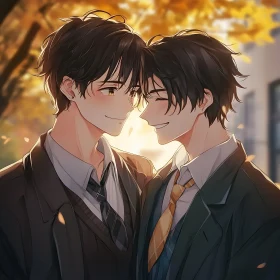 Anime Couple in Romantic Autumn Scene