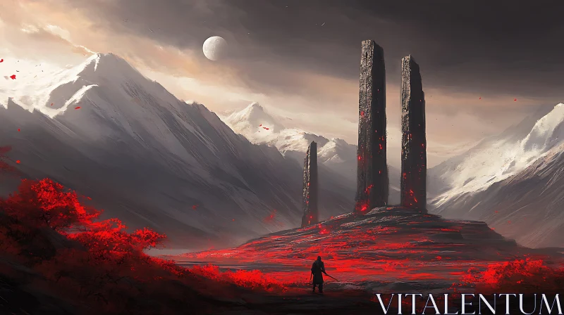 Red Landscape with Ancient Monoliths AI Image