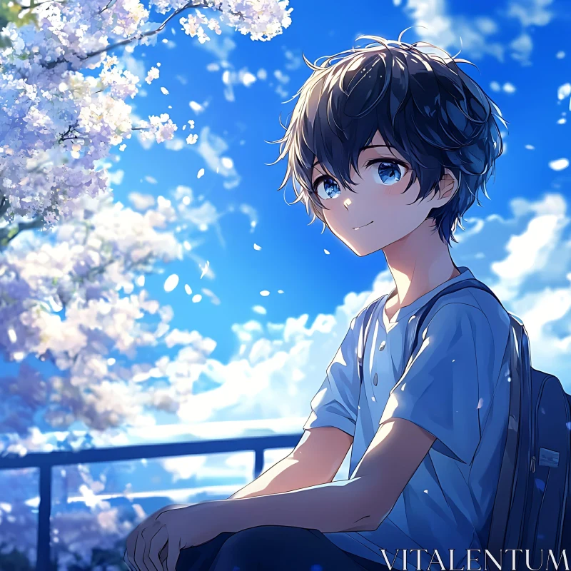 Serene Anime Scene with Boy and Blossoms AI Image