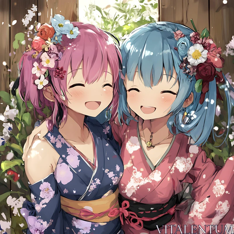 Blossom Adorned Anime Friends Sharing a Moment AI Image