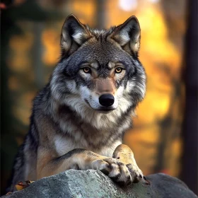 Wolf on a Rock in Autumn