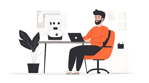 Office Scene with Man and Robot