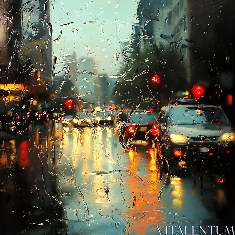 City Lights Through Rain-Streaked Window AI Image