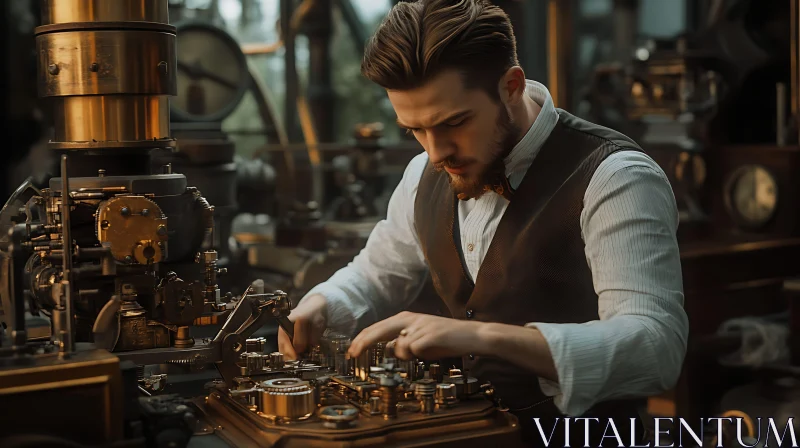 Vintage Mechanic Assembling Steampunk Device AI Image