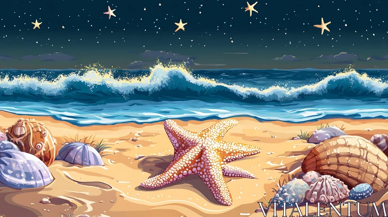 AI ART Starfish on Sandy Beach Under Stars