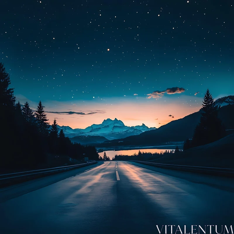 AI ART Night Road to the Mountains Under Stars