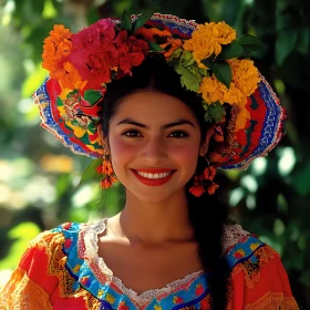 Smiling Woman in Traditional Dress with Flowers