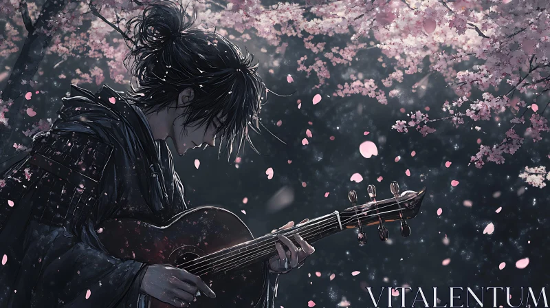 Melancholic Guitar Under Moonlit Cherry Blossoms AI Image