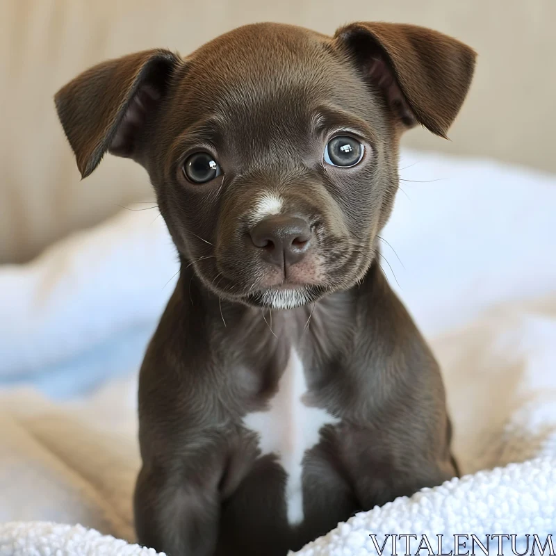 Cute Brown Puppy with Expressive Eyes on White Blanket AI Image