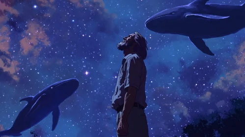 Dreamlike Stargazing Scene with Whales