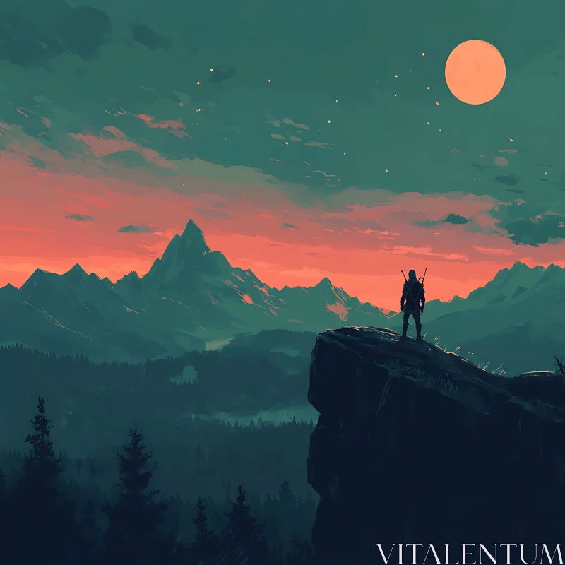 Silhouette on a Cliff Overlooking Mountains AI Image