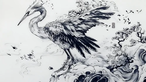 Monochrome Heron Amidst Waves and Blossoms