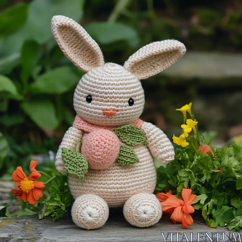 Cute Crochet Bunny Toy with Floral Setting AI Image