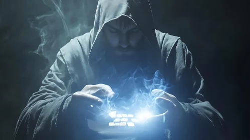 Enigmatic Wizard with Glowing Artefact