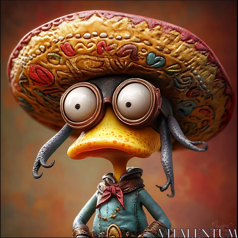 AI ART Funny Duck in Mexican Hat and Steampunk Glasses