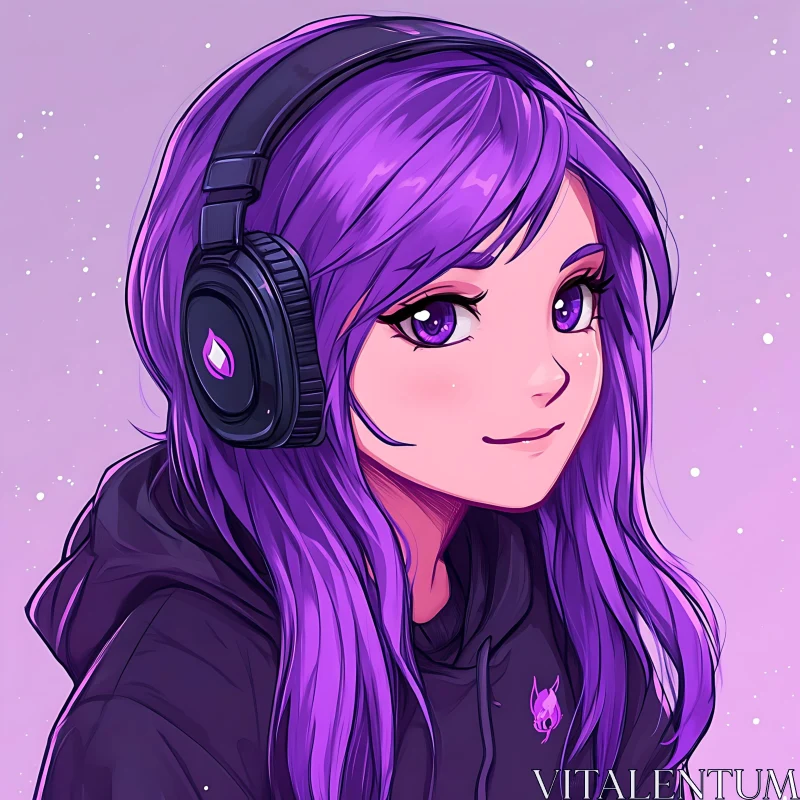 Purple Haired Anime Girl with Headphones AI Image