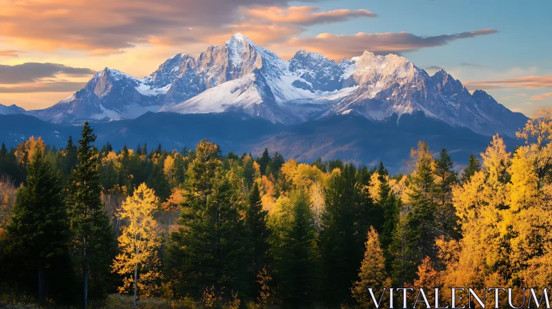 Snowy Peaks and Autumnal Forest AI Image