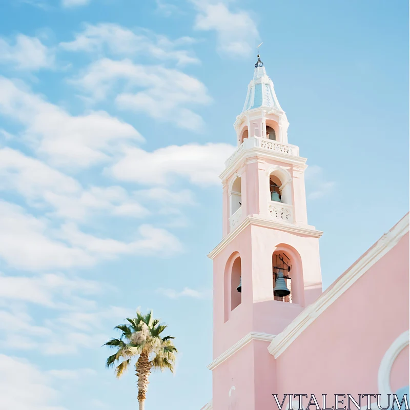 Serene Pink Church with Bell Tower and Palm Tree AI Image