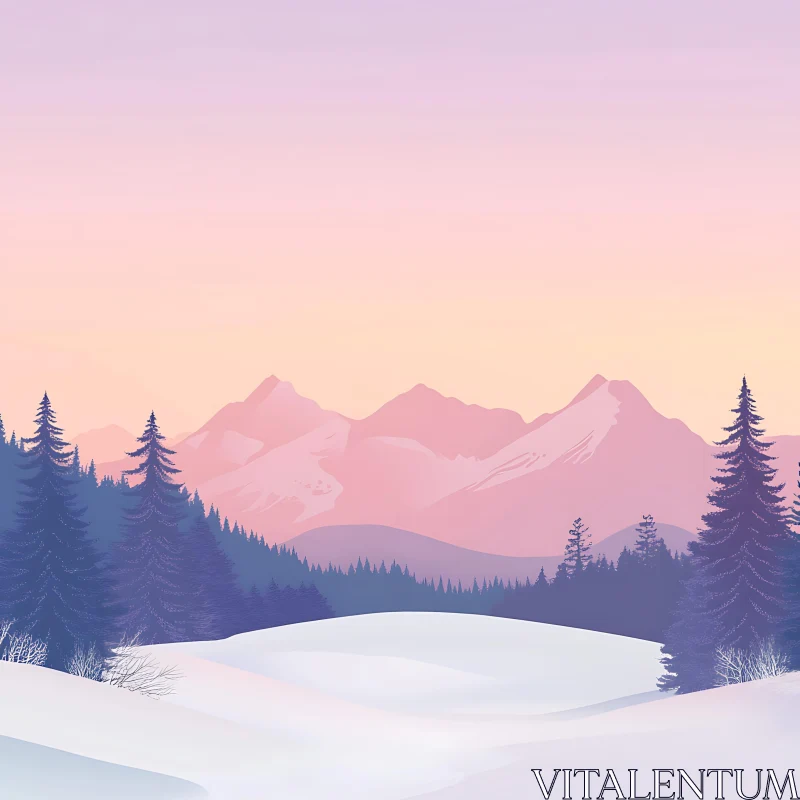 Snowy Mountains and Evergreen Trees AI Image