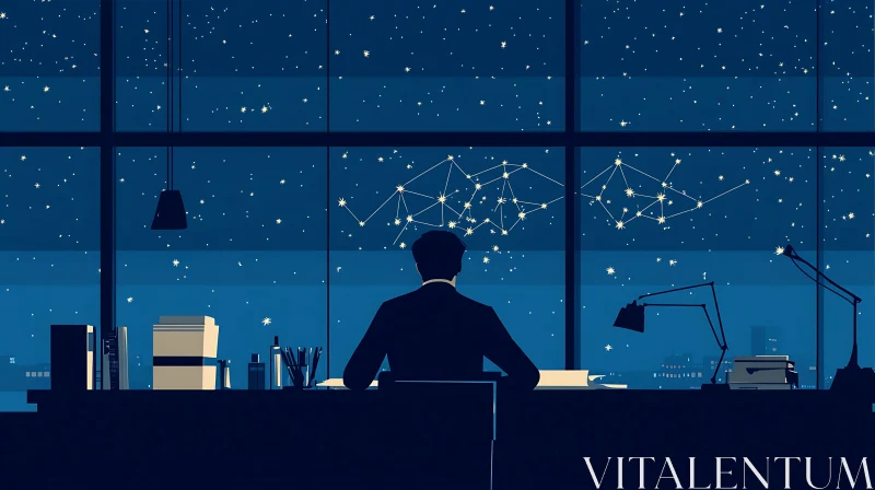 AI ART Man Gazing at Constellations from Office