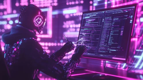 Neon-lit Cyborg Programmer