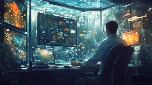 Submerged Tech Workspace with Aquatic Life