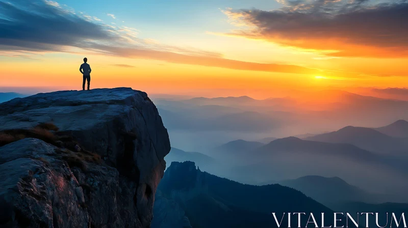 Silhouette on Mountain at Sunset AI Image