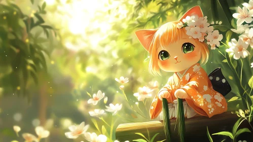 Cute Anime Cat Wearing Kimono amongst Flowers