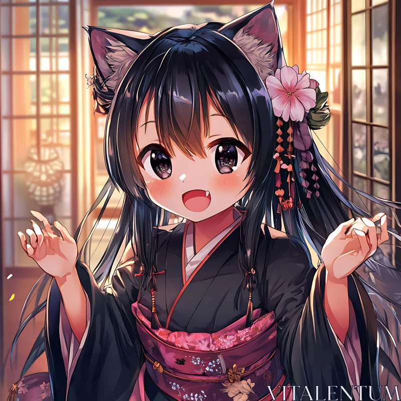 Kawaii Catgirl in Traditional Kimono AI Image