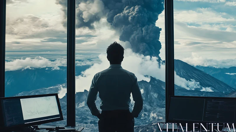 AI ART Man Observing Volcanic Eruption From Window