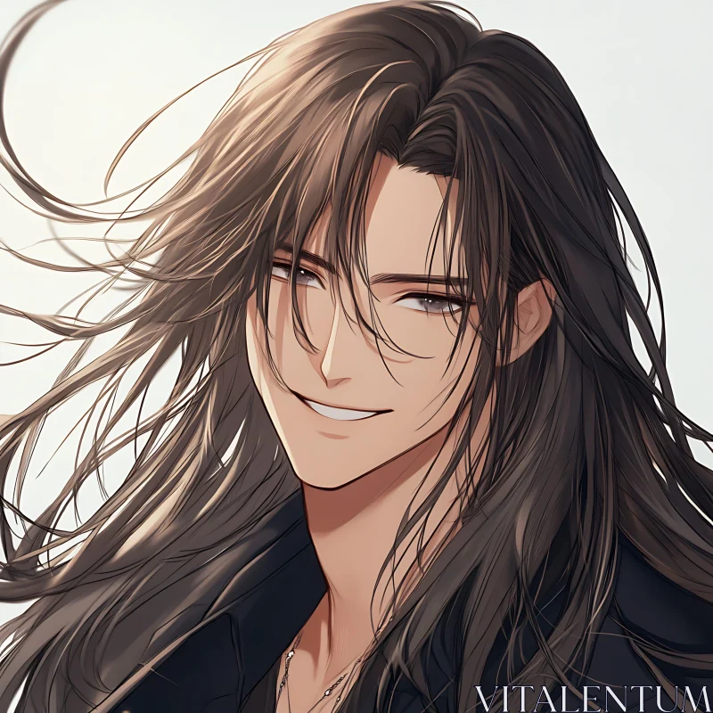 Windblown Anime Character with Engaging Smile AI Image