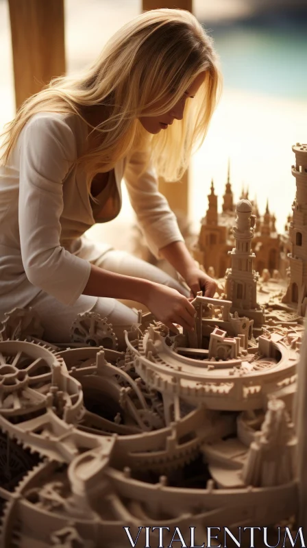 Woman Building Dreamy Cityscape Sand Sculpture on Beach AI Image