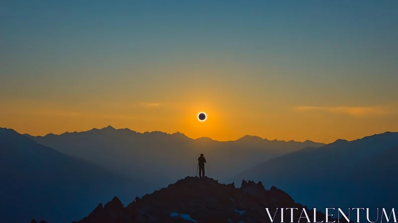 Person on Mountain Peak Watching Eclipse AI Image