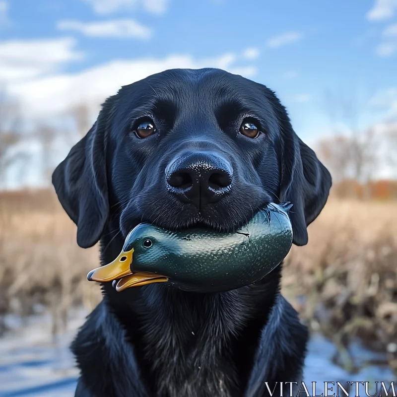 Dog with Duck Toy Outdoor Portrait AI Image