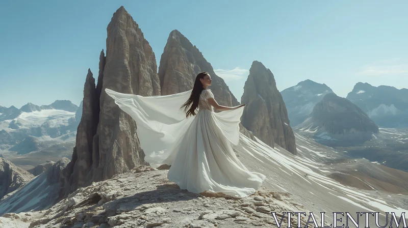 Serenity on Peaks: Woman in White Dress AI Image