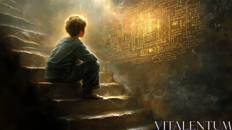 AI ART Child on Steps Observing Mysterious Glyphs