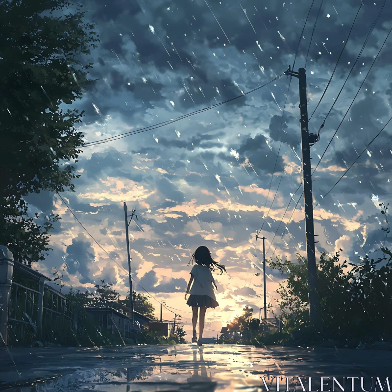 Solitary Walk in the Rain AI Image