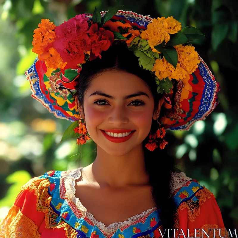 Smiling Woman in Traditional Dress with Flowers AI Image