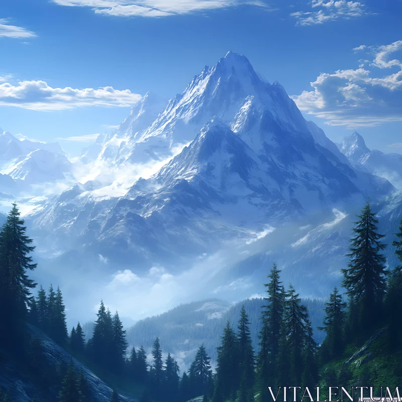 Snowy Peaks and Forests Mountain View AI Image